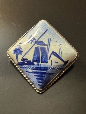 Vintage Delft Style Hand-Painted Porcelain Brooch - Windmill Scene